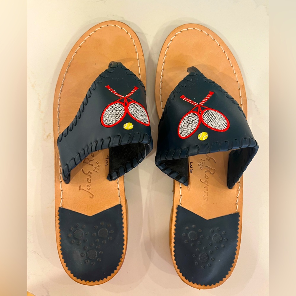 Jack Rogers, Blair sandals, size 9, navy with tennis embroidery